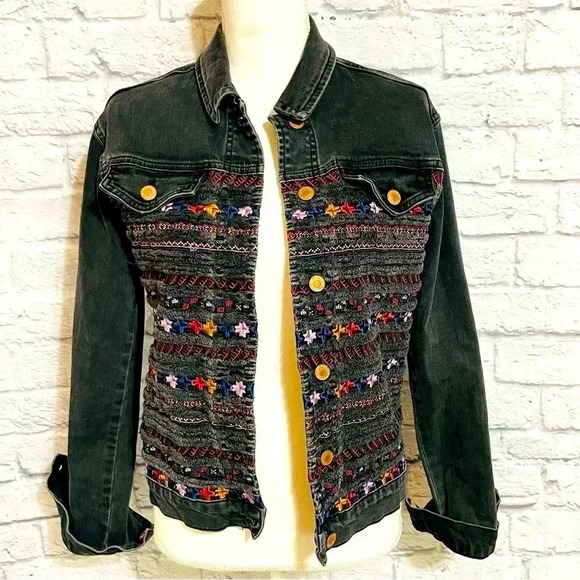 Topshop Embroidered Denim Jacket Jean Jacket Moto Washed Black Rough Edge - Picture 1 of 9